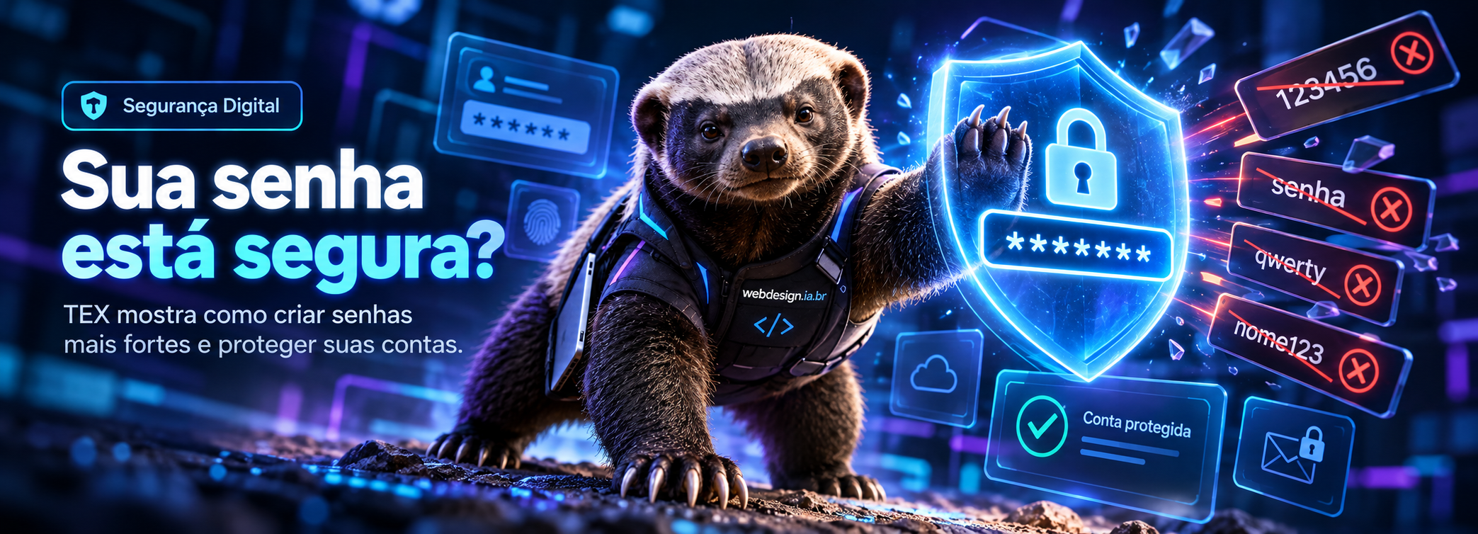TEX, mascote do WebDesign IA, protegendo senhas